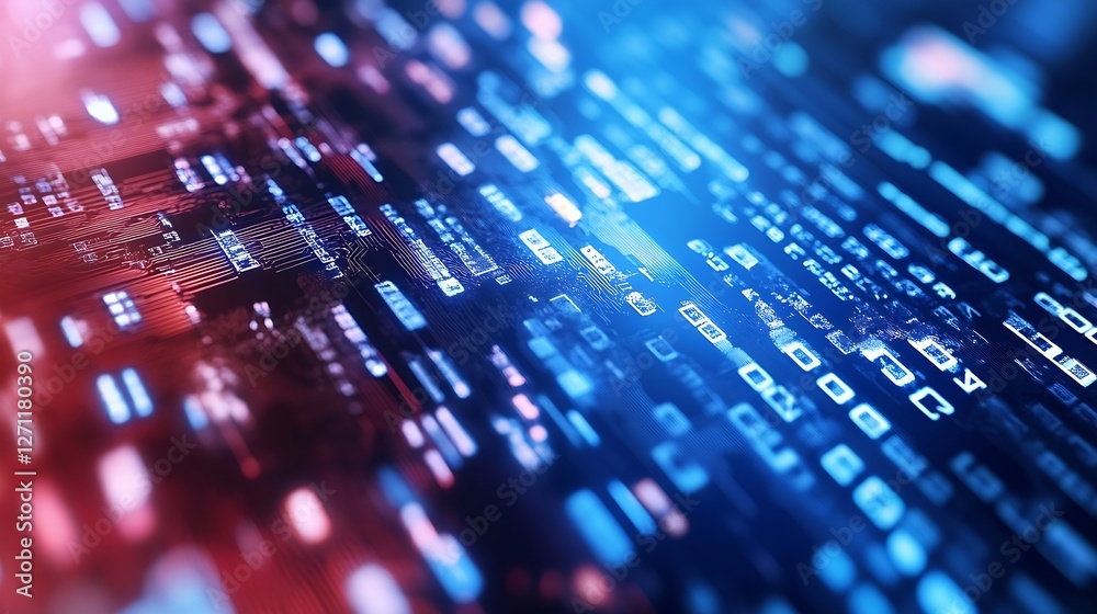 Fototapete Abstract view of digital data streams and codes illuminated in blue and red colors : Generative AI