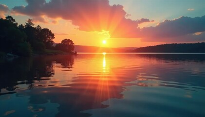 Obraz premium Evening sun casting a warm glow on the lake's surface, evening sun lake warm glow serene peaceful water, sun