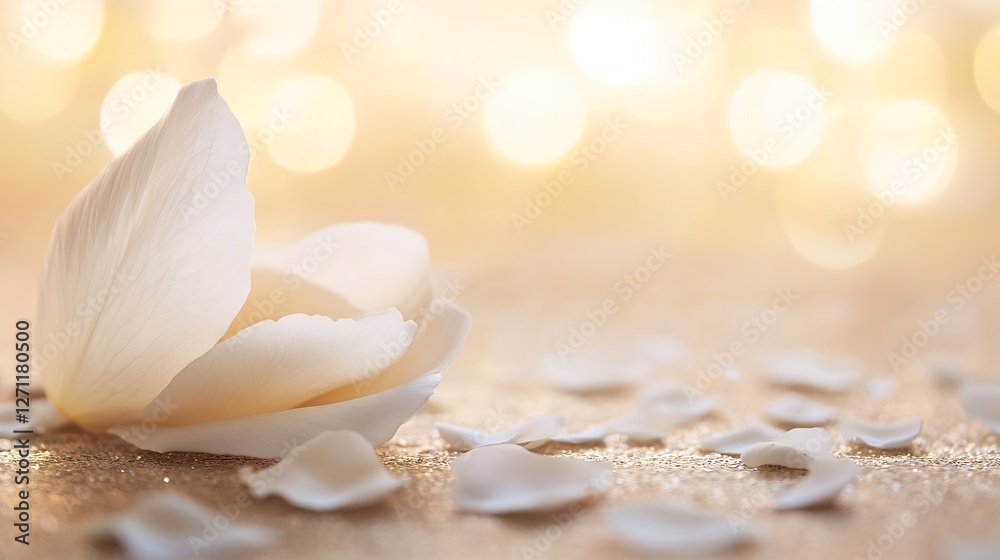 Poster delicate rose petal resting on a shimmering surface with soft glowing lights in the background : gen
