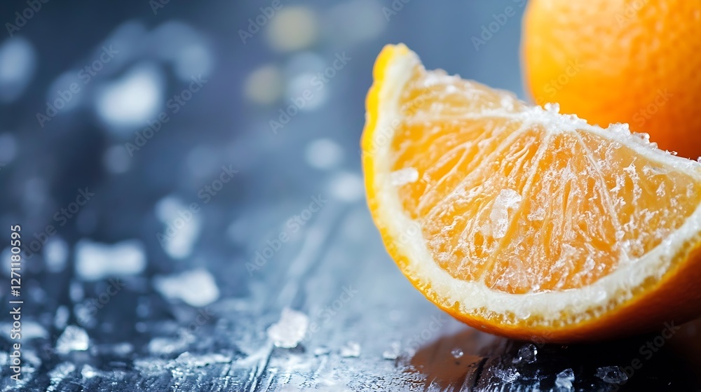 Fototapete refreshing orange slice displayed on a chilled surface highlighting juicy texture and bright color :