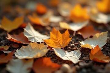 Fallen white orange Parijat petals amidst dry leaf litter, autumn, leaves