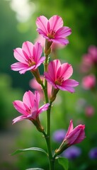 Fototapeta premium Pink mallow flowers swaying gently in the breeze, summer garden, pink flowers