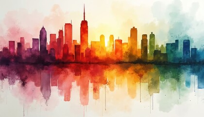 Fototapeta premium Colorful abstract cityscape illustration with vibrant skyline reflected in water. Watercolor effect creates dynamic urban landscape. Modern painting for wall art, backgrounds, digital design,