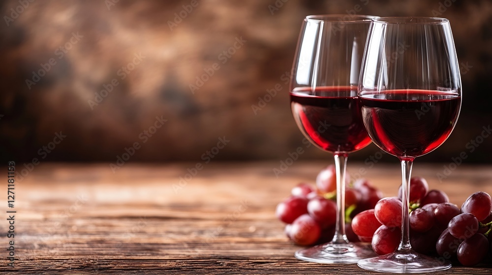 Poster elegant red wine glasses with fresh grapes on a rustic wooden table for a cozy dining atmosphere : g