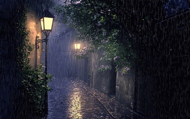 Fototapeta premium A quiet alleyway glowing under streetlights in the rain
