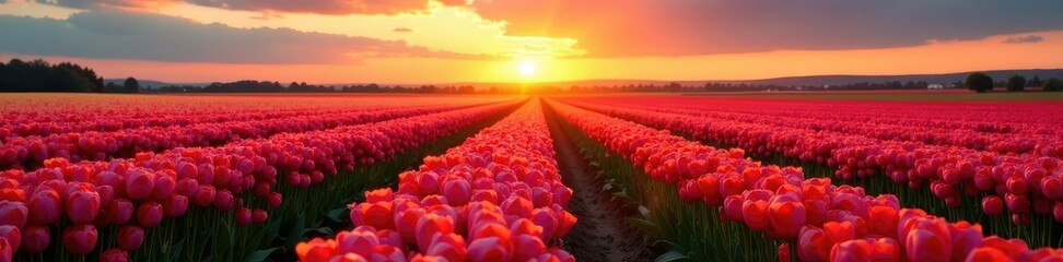 Obraz premium Endless rows of tulips stretch towards the horizon at sunset in a vast sea of color, natural light, sunset