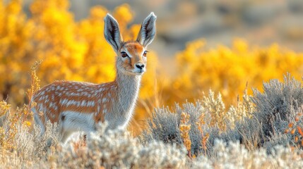 Fototapeta premium A highly detailed close-up of a saiga antelope standing in a vast steppe, its unique bulbous nose and sandy-colored fur perfectly illuminated.