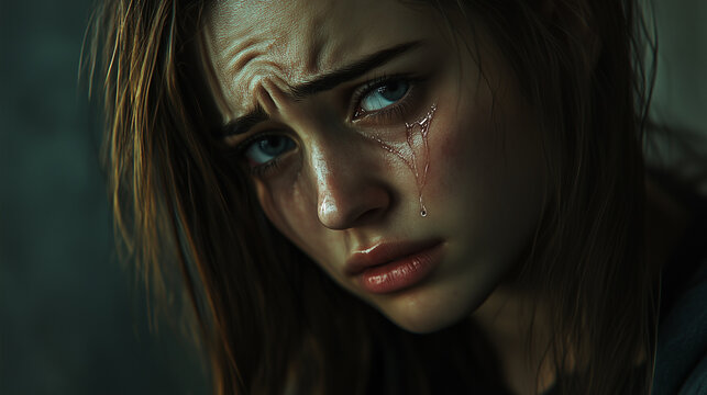 A young woman with tear-streaked cheeks, her expression frozen in a moment of deep sadness