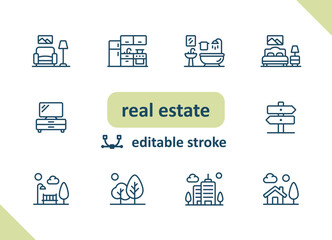 Real estate icons. House, buildings, home vector icon set