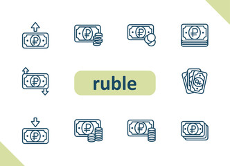 Ruble icons. Russian rouble, currency, money, cash, payment, investment, savings vector icon set