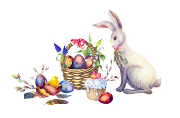 Watercolor Easter composition. A white rabbit, a basket with Easter eggs and spring flowers, a cake and a chicken in a shell. Festive illustration.