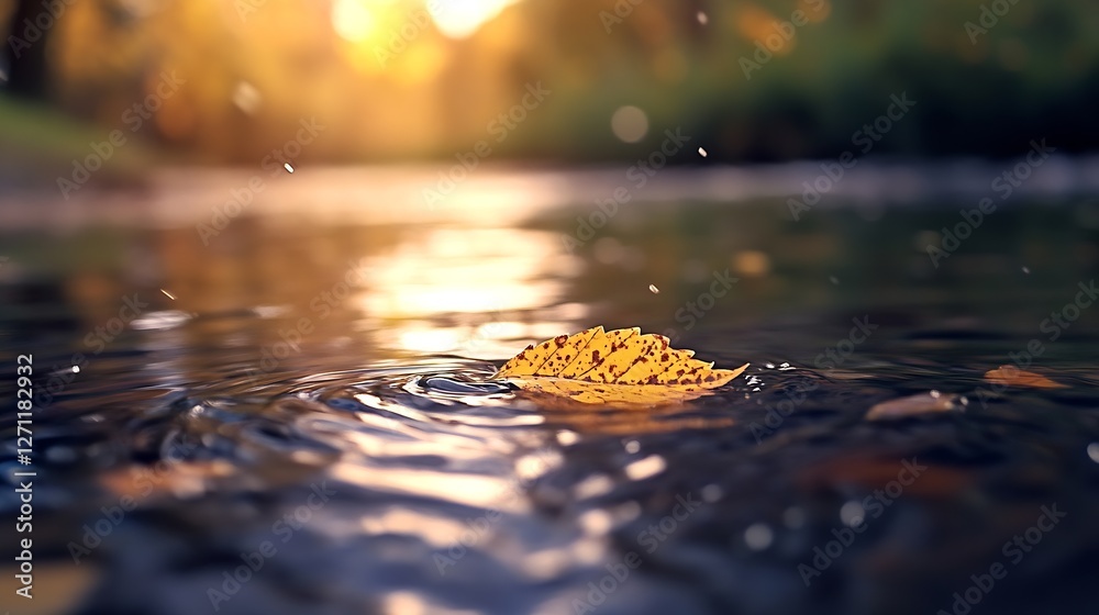 Poster Autumn Leaf Floating on Calm Water Creating Ripples in the Sunset Glow : Generative AI
