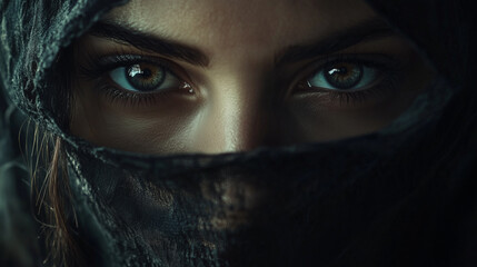 Fototapeta premium A womanâs face partially veiled in shadow, her eyes filled with untold stories