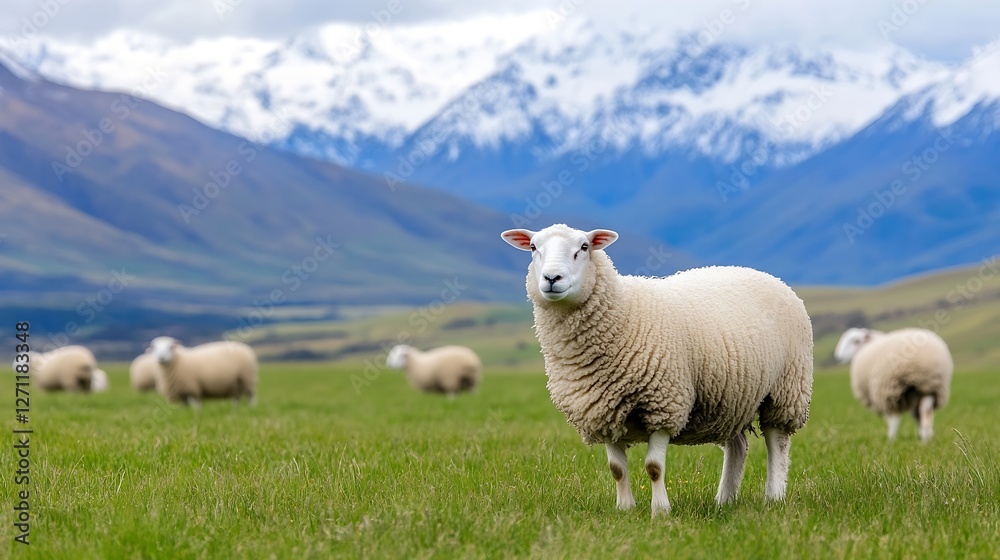 Poster adorable sheep grazing peacefully in a lush green field with majestic mountains in background : gene
