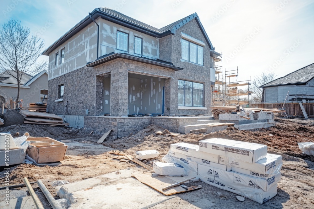 Wall mural A house under construction with storage boxes on the ground, perfect for a building or renovation project image