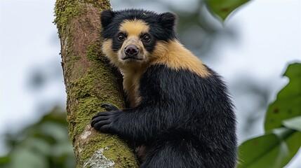 Obraz premium A highly detailed image of a spectacled bear climbing a tree in the Andean mountains, its thick fur catching the soft golden sunlight.