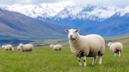 Fototapeta premium Adorable Sheep Grazing Peacefully in a Lush Green Field with Majestic Mountains in Background : Generative AI