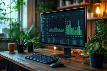 Fototapeta premium Monitor screen with price graphs and candlestick charts, cryptocurrency