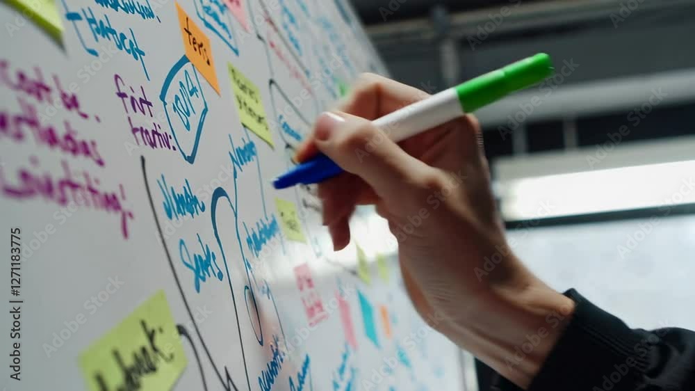 Poster Close up slow motion of a manager's hand using colorful markers to write and draw a business strategy on a whiteboard, highlighting key concepts and plans