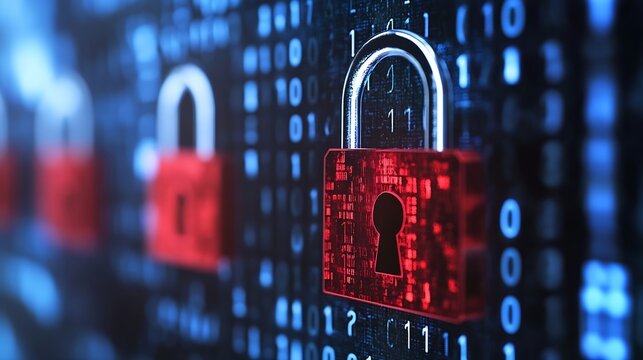 Illustration of multiple red padlocks on a binary code background highlighting cybersecurity : Generative AI