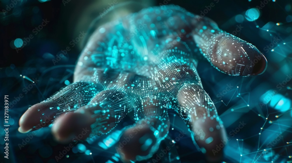 Poster A hand depicted with glowing data particles emanating from its surface illustrates the integration of technology and human interaction, showcasing a blend of art and innovation.