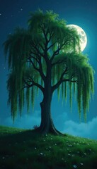 A willow tree's branches tangled in the moonlight, moonlight, dreamy