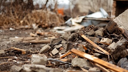 Ruined debris scattered in a chaotic manner showcasing a neglected urban space : Generative AI