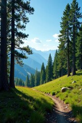 A tranquil scene of a pine forest on a hill with a sunny sky, trees, landscape photography, hill