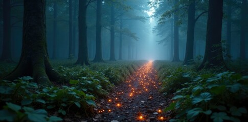 Fototapeta premium A trail of glowing specks leads through a misty forest landscape, misty, forest