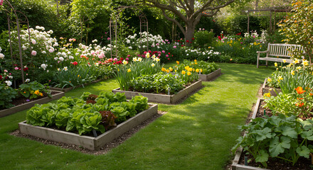 A spring garden filled with colorful flowers and vegetables