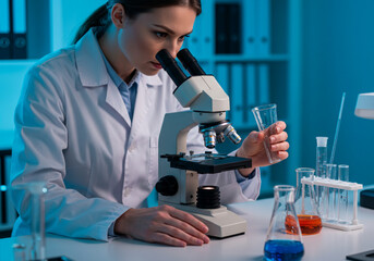 Fototapeta premium Scientist using microscope in laboratory, conducting research, analyzing samples, scientific experiment, medical lab.
