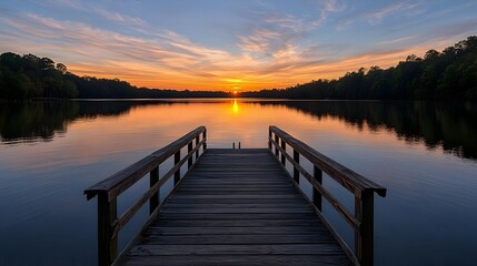 Obraz premium Serene Sunset over Calm Lake with Wooden Dock