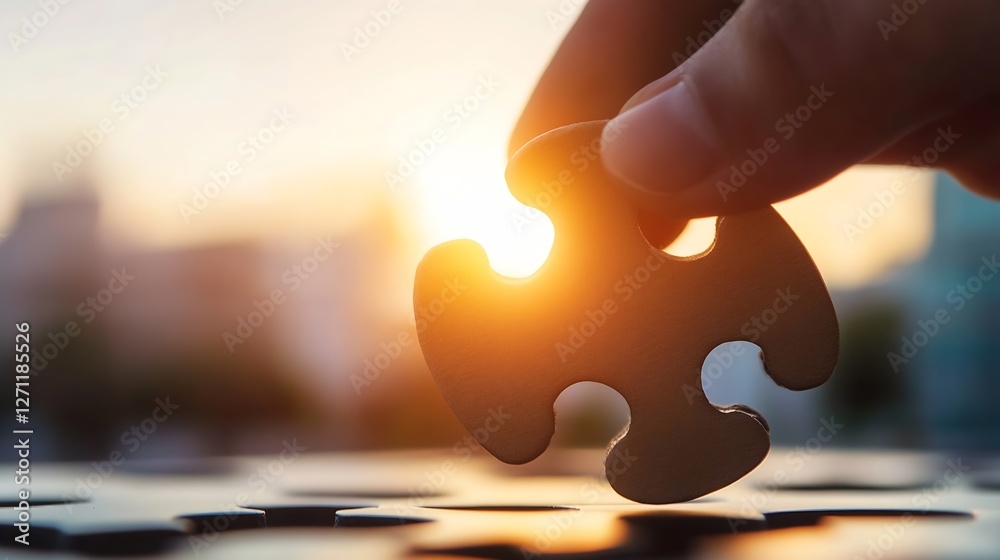 Poster Close up of a hand holding a puzzle piece with sunlight in the background for a metaphor of solutions and completeness : Generative AI