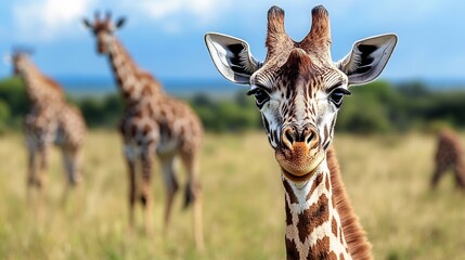 Obraz premium Curious giraffe stands in green grassland with friends blurred in the background and a bright blue sky above : Generative AI