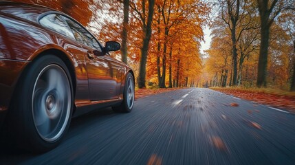 A bright red car drives along a scenic road flanked by trees, perfect for a countryside getaway or travel image