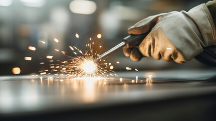 Obraz premium Worker igniting a welding rod, creating sparks on metal.