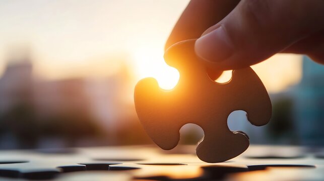 Close up of a hand holding a puzzle piece with sunlight in the background for a metaphor of solutions and completeness : Generative AI