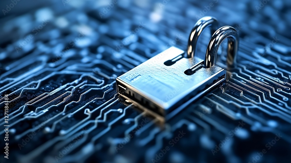 Poster Closeup of a security padlock on a digital circuit board representing cybersecurity technology : Generative AI