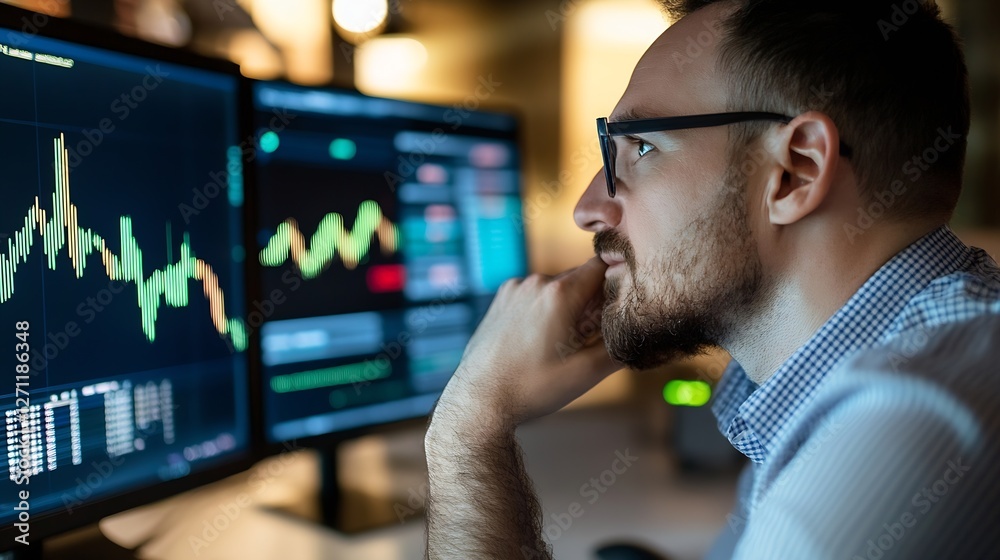 Poster Focused man analyzing financial data on multiple screens in a modern office : Generative AI