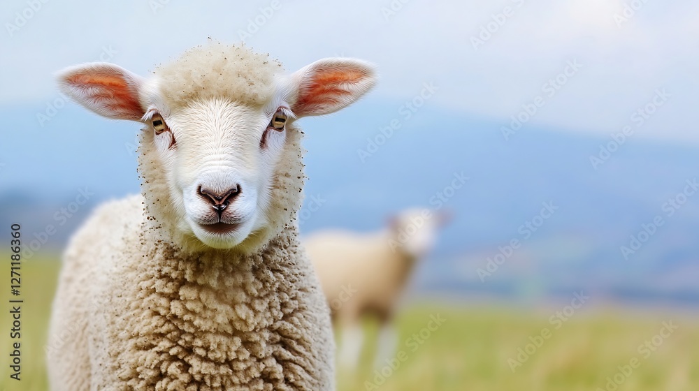 Poster closeup of fluffy sheep with soft wool in peaceful countryside grazing environment : generative ai