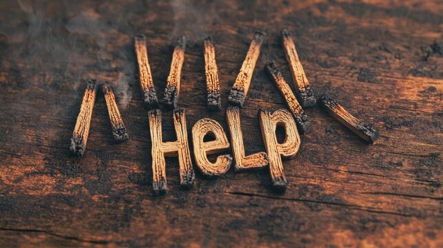 Pile of Burned Matches Forming Help Message on Wooden Surface