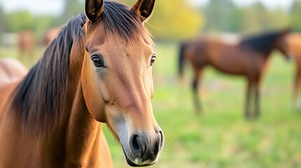 Close Up of a Beautiful Horse in a Green Meadow Under a Bright Blue Sky : Generative AI