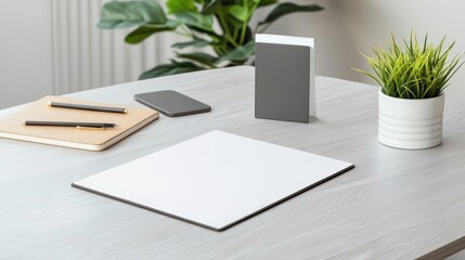 Fototapeta premium Clean Minimalist Workspace Mockup with White and Gray Stationary