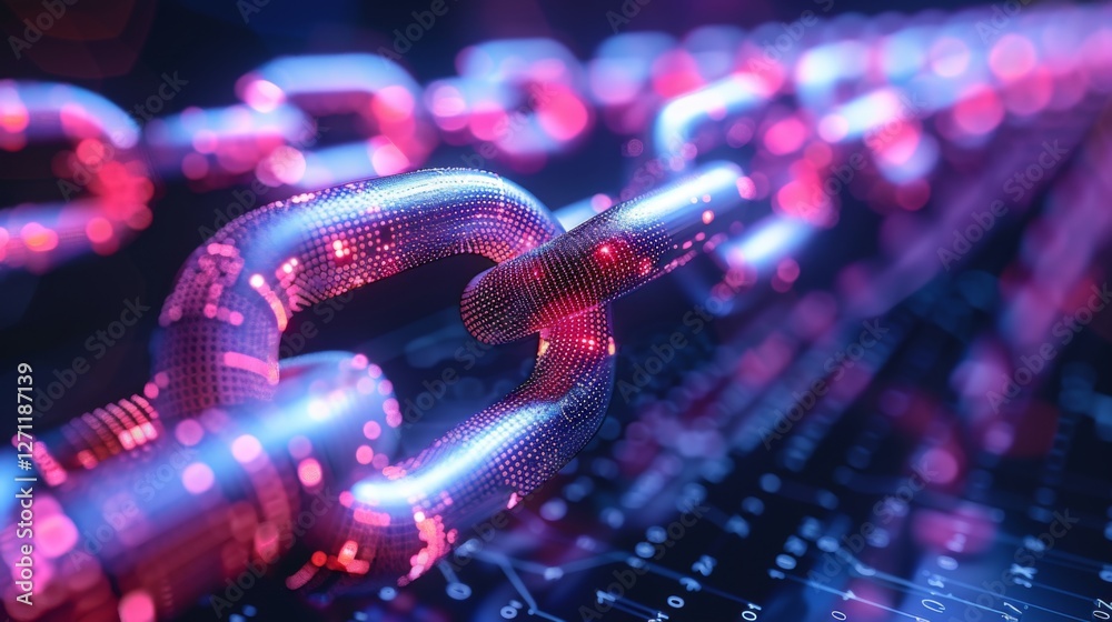 Poster A close up view highlights luminous digital chains interlinked above a dark keyboard, emphasizing themes of connectivity, security, and advanced technology in a cyber landscape.
