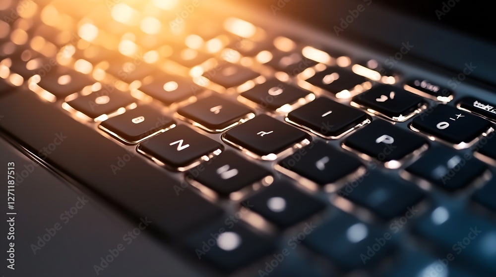 Fototapete Close Up of Modern Laptop Keyboard with Illuminated Keys Highlighted by Soft Glowing Light : Generative AI