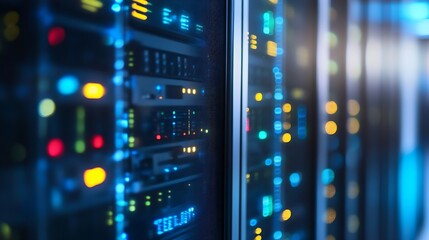 Close up view of a modern data center showcasing illuminated server racks and advanced technology : Generative AI