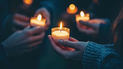 a group of people holding candles during a nighttime memorial service.