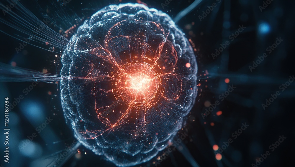 Poster exploring energy flow: abstract visualization of network connections and data streams with glowing p