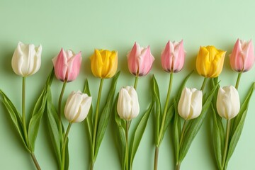 Obraz premium A colorful bouquet of tulips in shades of pink, yellow, and white