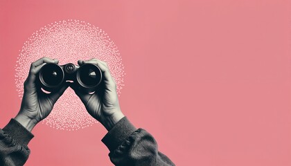 Hands holding binoculars on pink background with halftone pattern. Art collage concept of search, spy, discovery, vision, future, analyzing, research. Opportunity business to find innovation, trend,